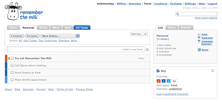 Tasks screen